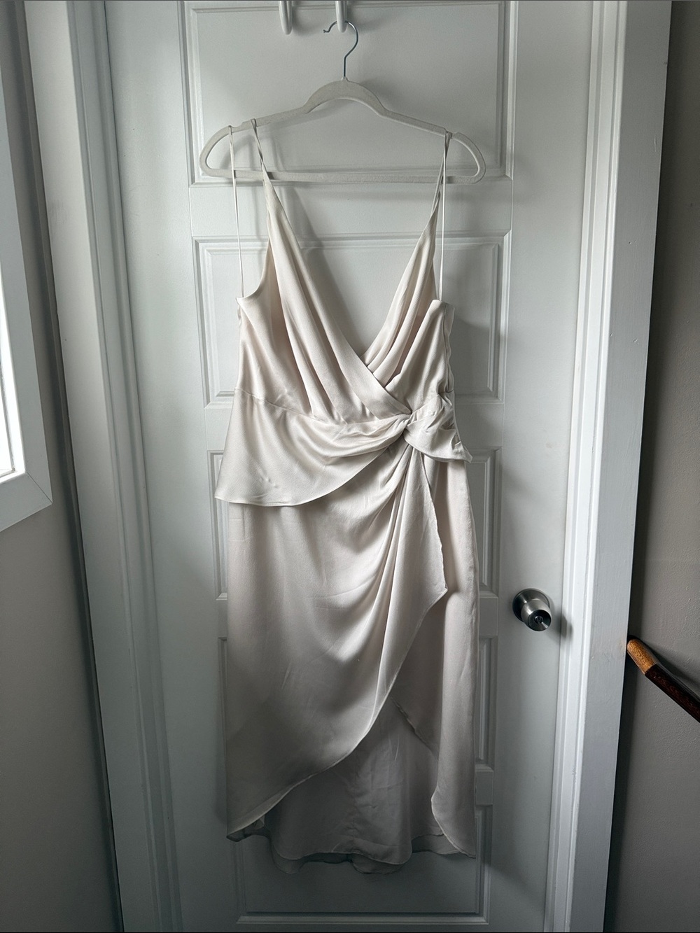 Express Cream Satin Draped Midi Dress with Knot Detail